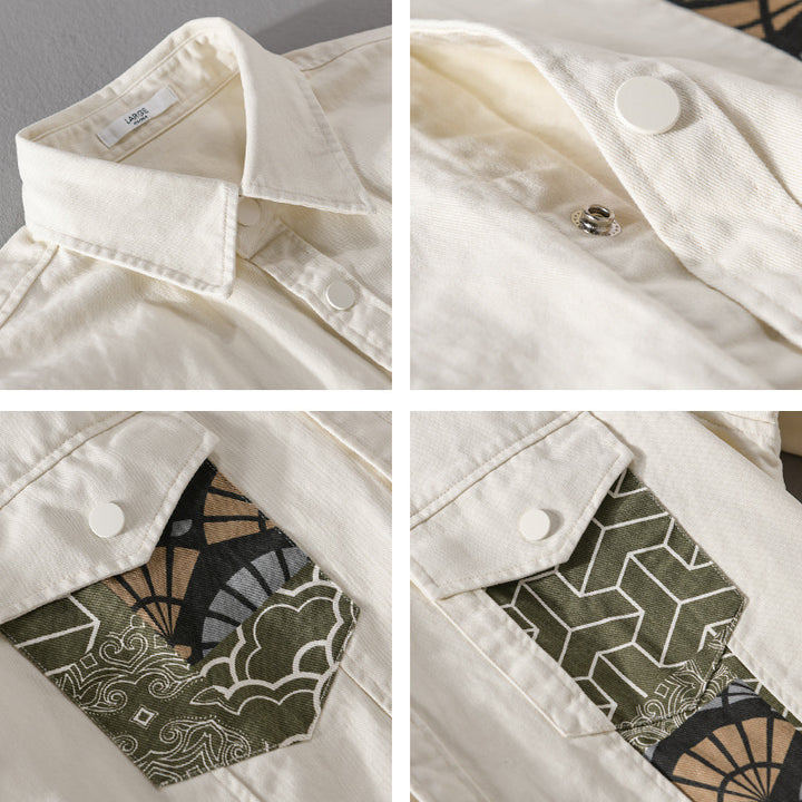 Herren Leichtes Canvas-Overshirt im Worker‑Stil mit japanischem Musterpatch und Druckknopfleiste Echoarchiv