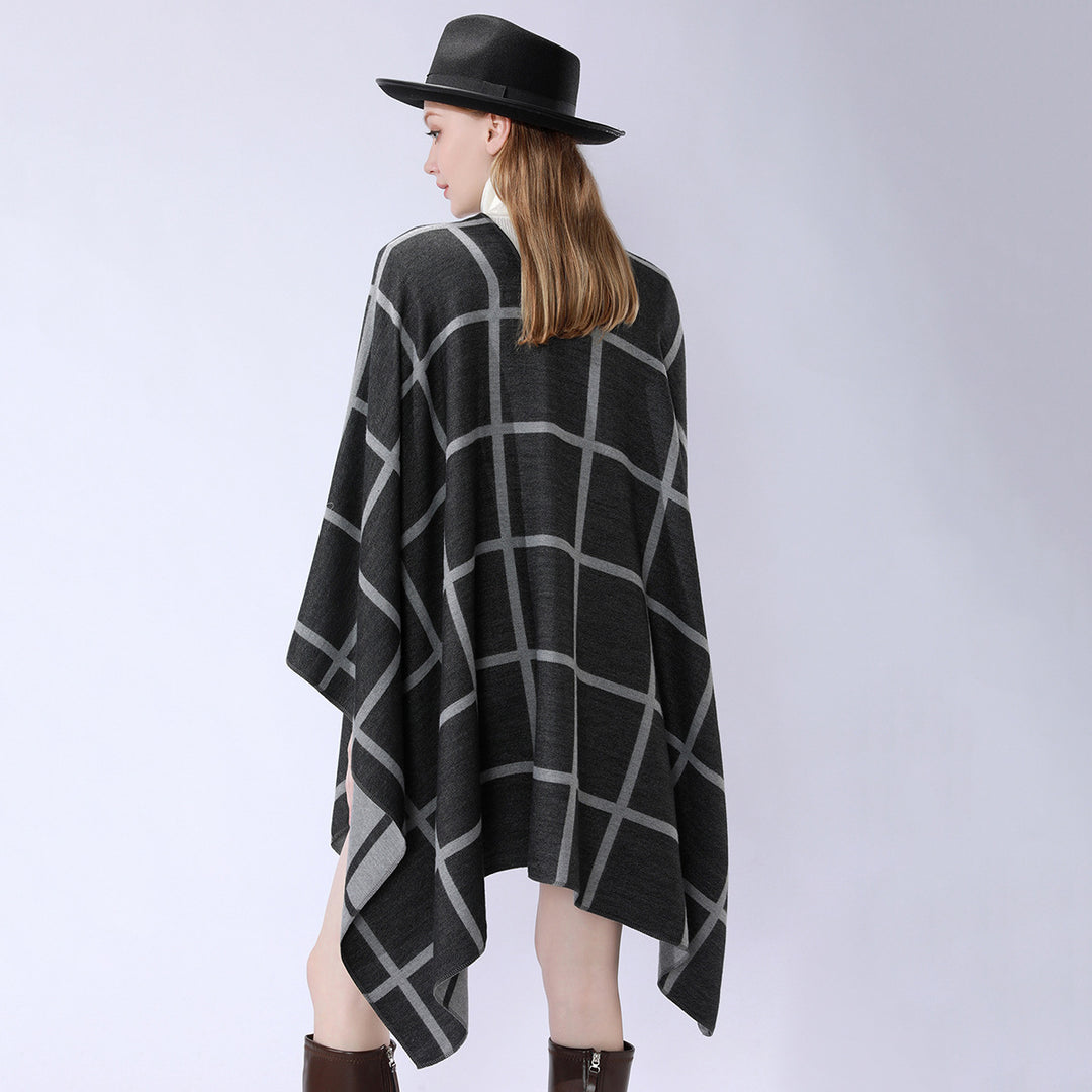 Damen Oversize Wollmix Poncho mit Gürtel und Karomuster Echo Archiv