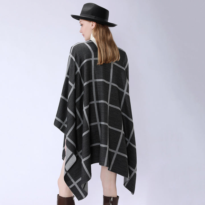 Damen Oversize Wollmix Poncho mit Gürtel und Karomuster Echo Archiv
