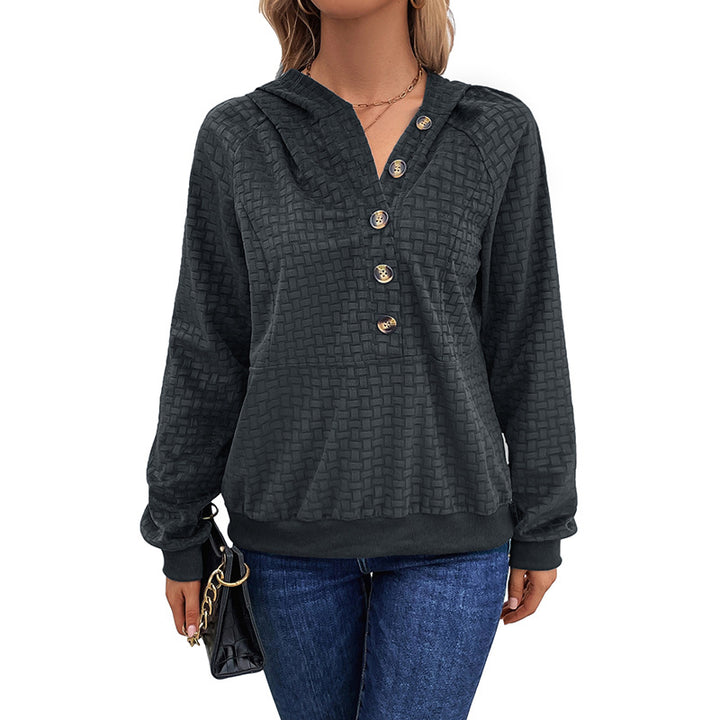 Damen Texturiertes Kapuzen-Henley-Pullover mit Knopfleiste und Kängurutasche Echoarchiv