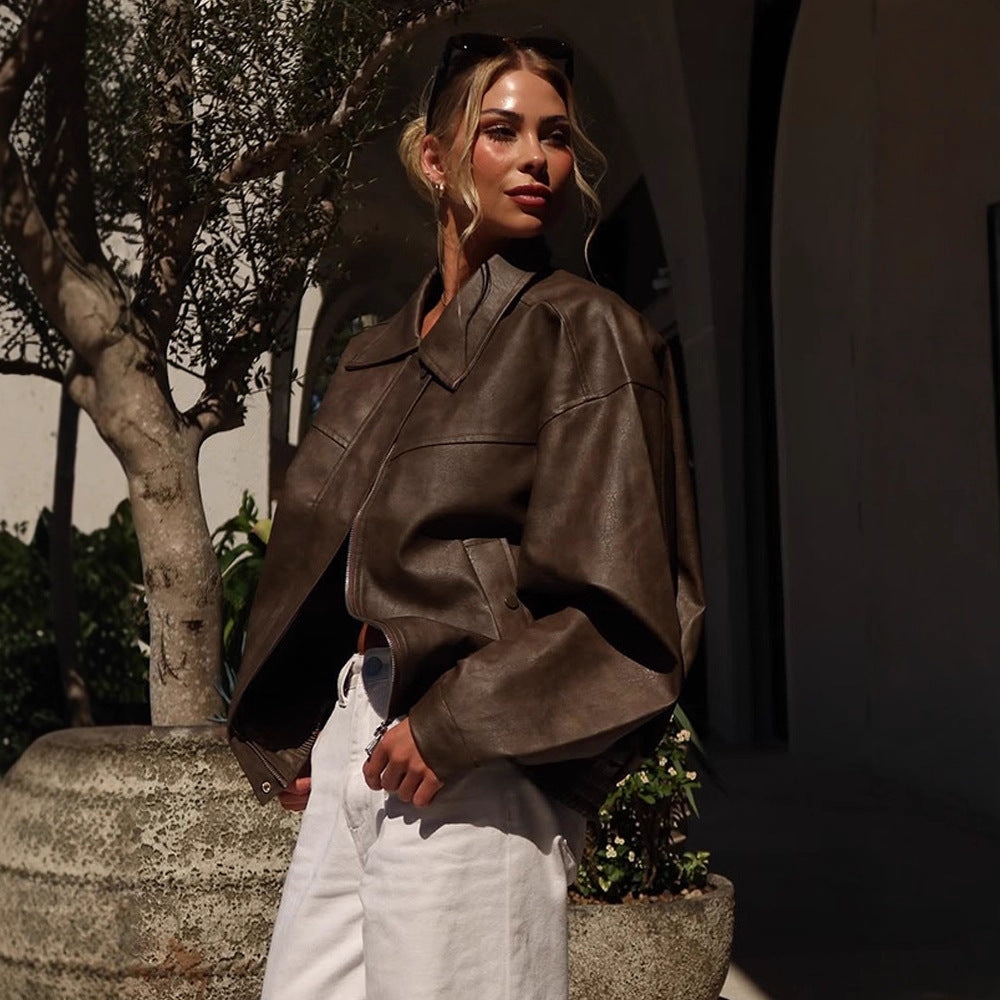 Damen Boxy Cropped Lederimitat‑Blouson mit Oversize‑Schulter Echoarchiv
