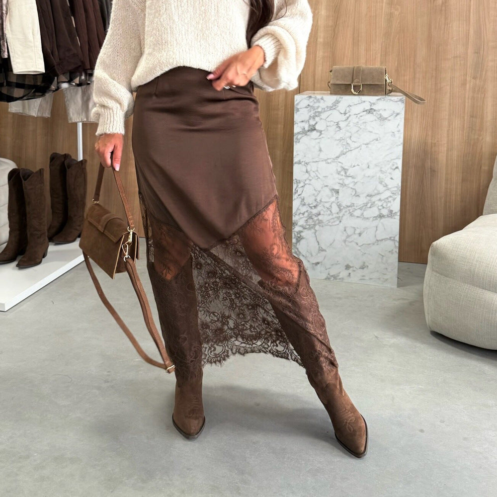 Damen asymmetrischer Spitzenrock mit Satinfutter Echo Archiv