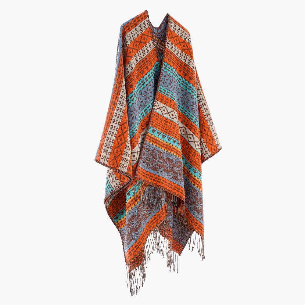 Damen Cape-Poncho mit mehrfarbigem Jacquard, offener Front und Fransensaum – Avérine