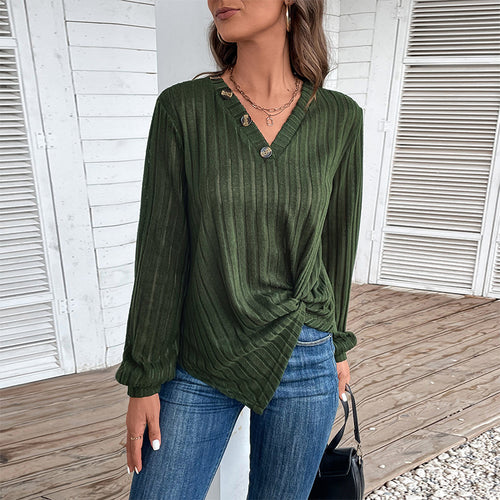 Damen Geripptes V-Ausschnitt Langarmshirt mit Twist-Knoten und Zierknöpfen Echoarchiv
