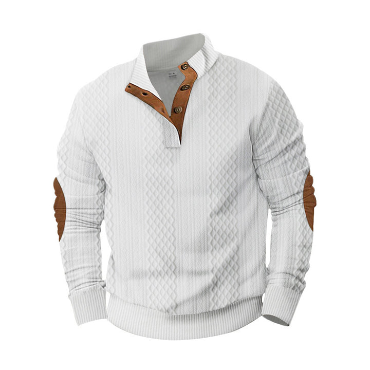 Herren Strickpullover mit innovativem Stehkragen und modernen Lederapplikationen Echoarchiv
