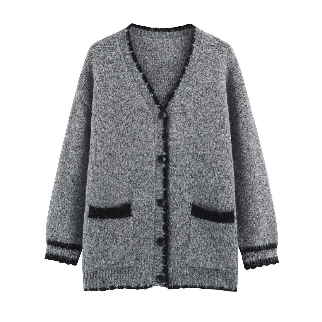 Damen Oversize Strickcardigan mit V-Ausschnitt, Knopfleiste und kontrastierenden Zierkanten Echoarchiv