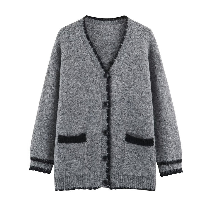 Damen Oversize Strickcardigan mit V-Ausschnitt, Knopfleiste und kontrastierenden Zierkanten Echoarchiv