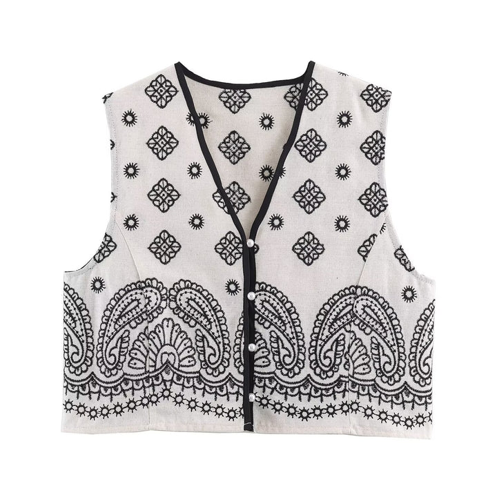Damen Ärmellose bestickte Weste mit Paisley‑Motiv und Perlmuttknopfleiste Echoarchiv