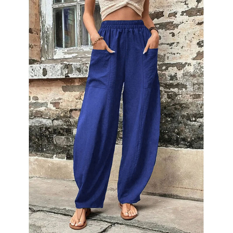 Damen Weite Leinenhose mit elastischem Bund, aufgesetzten Taschen und lässigem Harem-Schnitt Echoarchiv