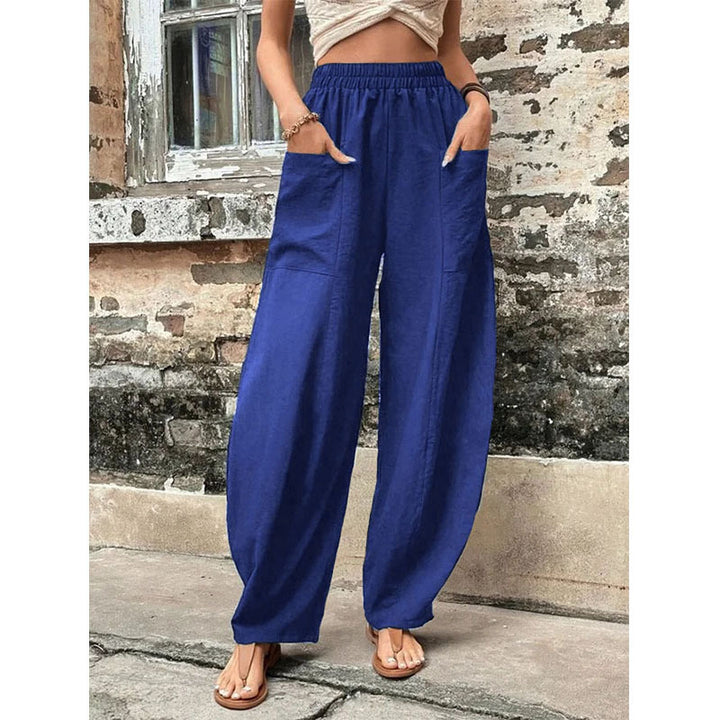 Damen Weite Leinenhose mit elastischem Bund, aufgesetzten Taschen und lässigem Harem-Schnitt Echoarchiv