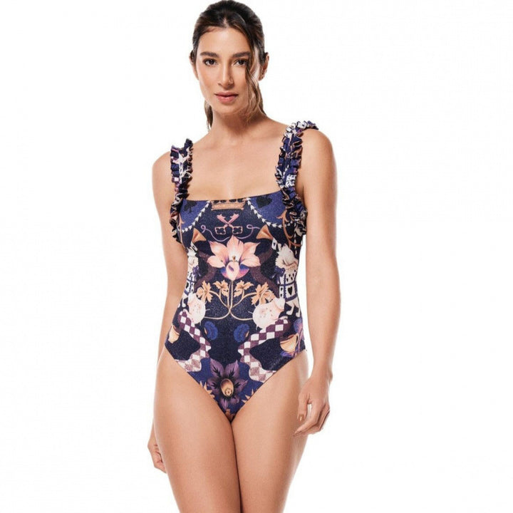 Damen Einteiler Badeanzug mit verspieltem Blumendesign und passendem Strandrock Echo Archiv