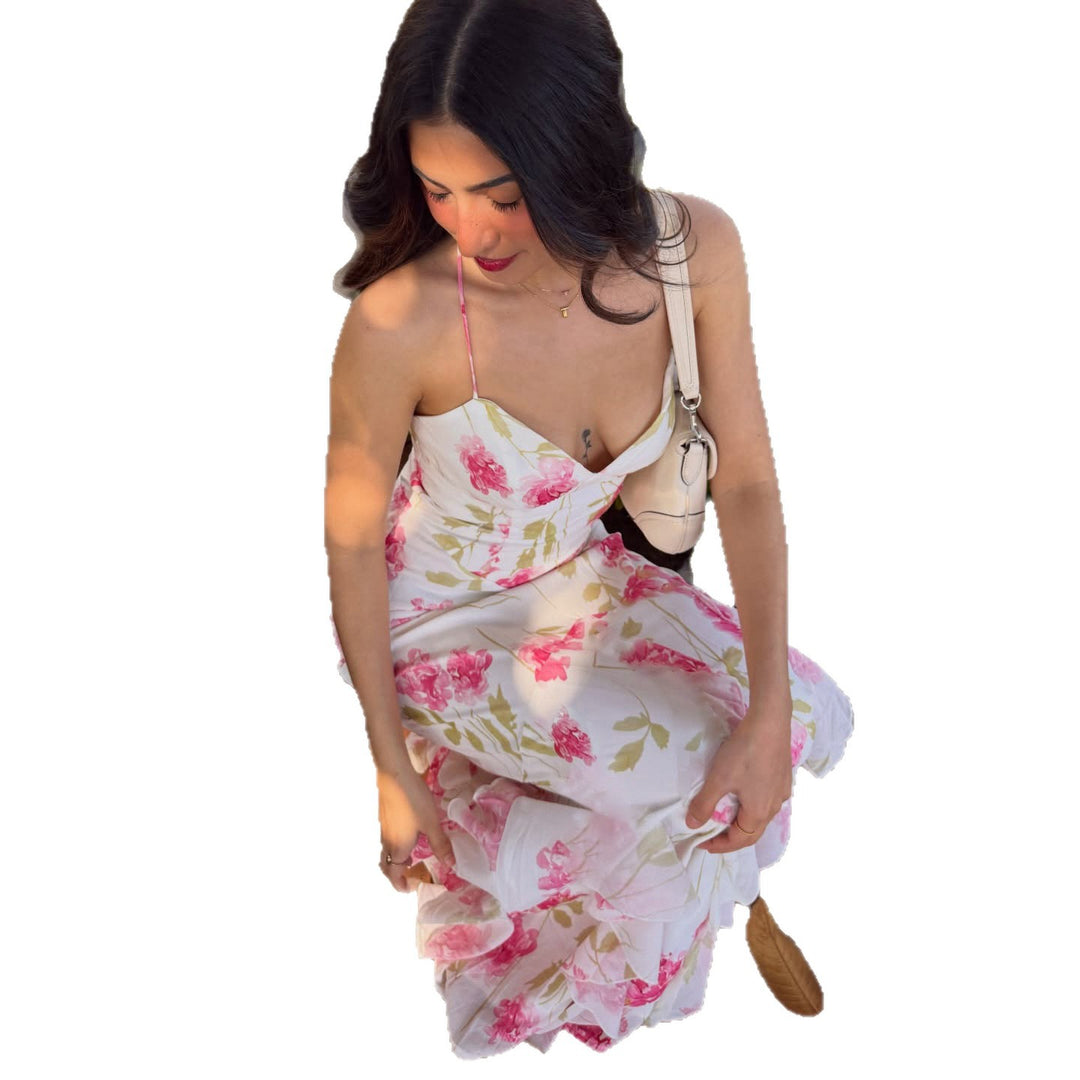 Damen elegantes Maxikleid mit zartem Blumenmuster und Spaghettiträgern Echo Archiv