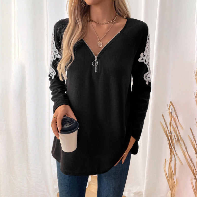 Damen Lässiges Longsleeve-Tunika-Shirt mit V‑Reißverschluss und Spitzenapplikation Echoarchiv
