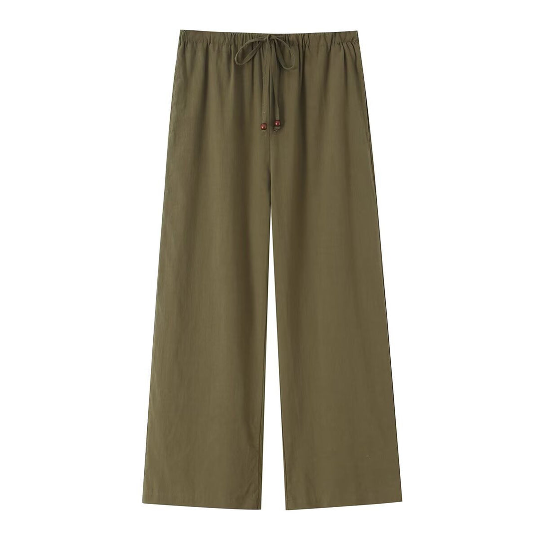 Damen Leichte weite Leinenoptik-Hose mit elastischem Tunnelzug und Holzperlen Echo Archiv