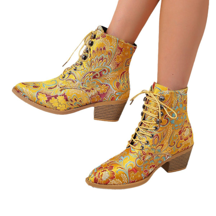 Damen bestickte Schnür-Stiefelette mit Jacquard-Brokatmuster und niedrigem Blockabsatz Echo Archiv