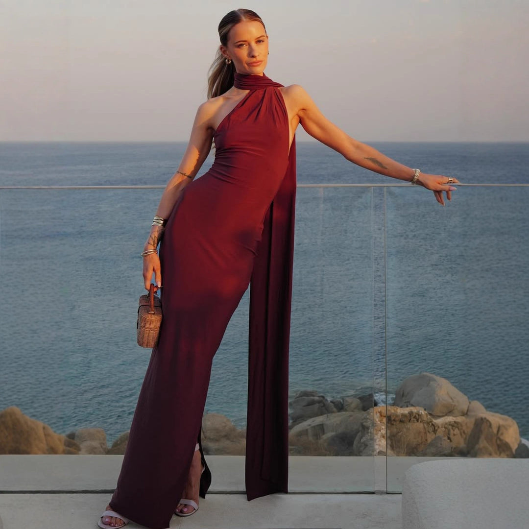 Damen Elegantes Maxikleid mit innovativem Wickeldesign und asymmetrischem Halterhals Echo Archiv