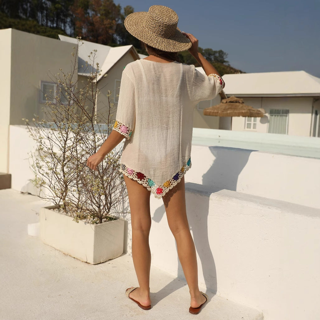 Damen luftiger Kaftan mit buntem Häkelmuster Echo Archiv