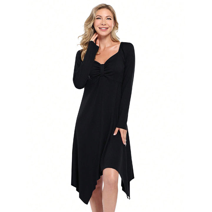 Damen asymmetrisches Longsleeve-Kleid mit gerafftem Bustier, Empire‑Naht und Zipfelsaum – Valéora