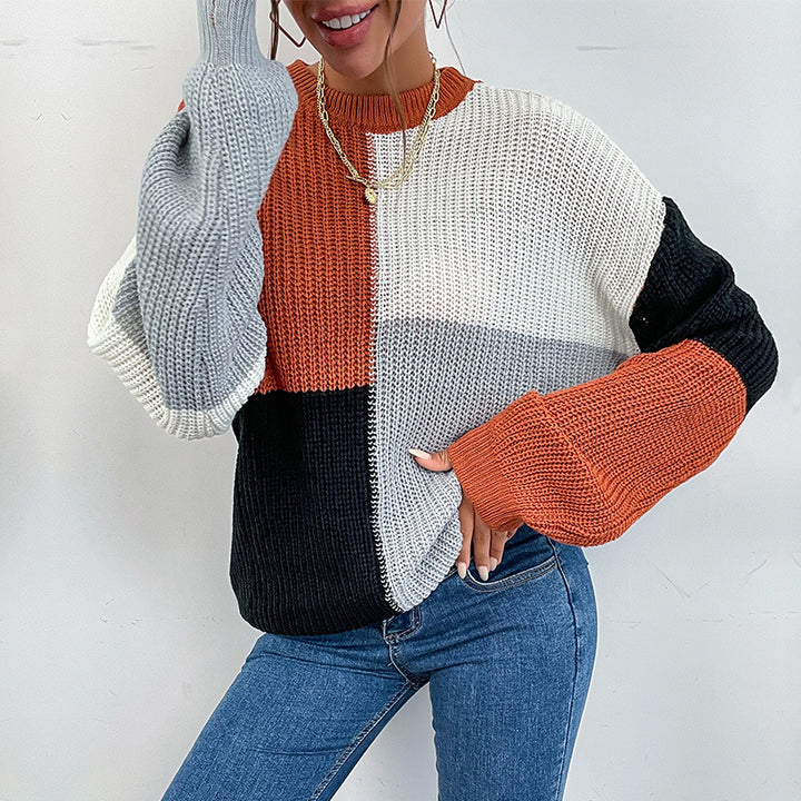 Damen Grobgestrickter Colorblock-Pullover Oversize mit Rundhals & Ballonärmeln Echoarchiv