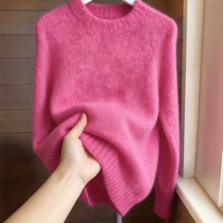 Damen Oversize Mohair‑Mix Rundhalspullover mit Raglanärmeln und geripptem Saum – Mavelle