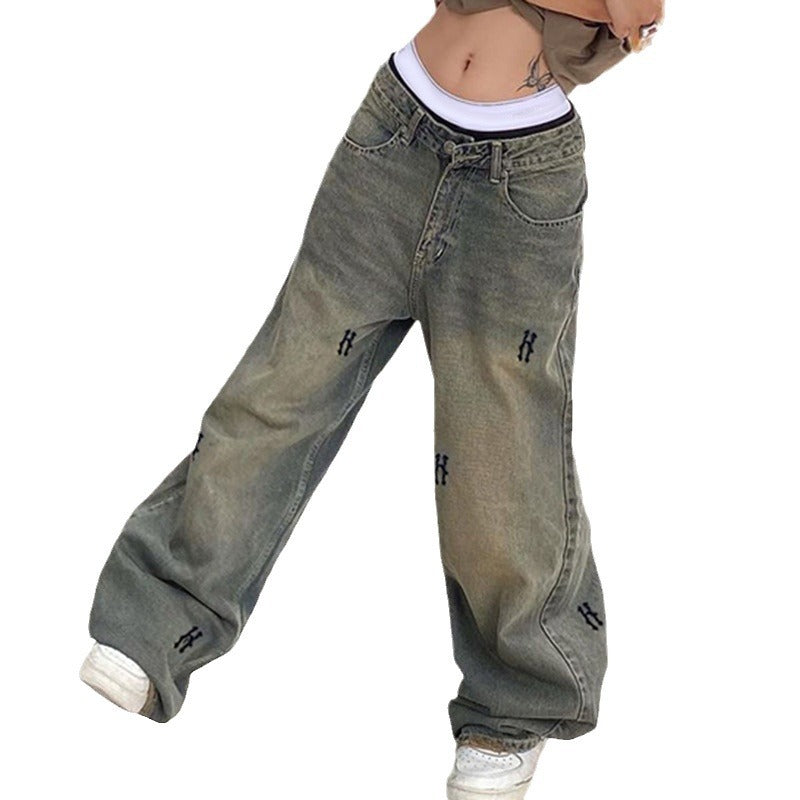 Damen nan hochtaillierte weite Denim-Jeans mit geradem Bein, Five-Pocket und Ton-in-Ton Stickerei Echo Archiv