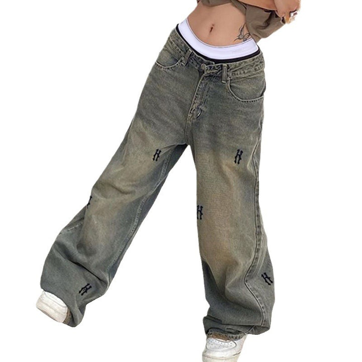 Damen nan hochtaillierte weite Denim-Jeans mit geradem Bein, Five-Pocket und Ton-in-Ton Stickerei Echo Archiv