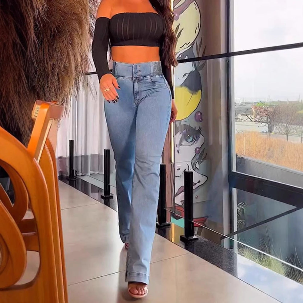 Damen nan hochtaillierte Stretch Flared Hose mit breitem Komfortbund und figurformenden Nähten Echo Archiv