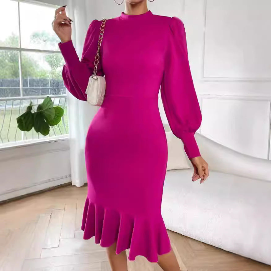 Damen tailliertes Pencil-Midikleid mit Stehkragen, ballonärmeln und Glockenvolant – Élara