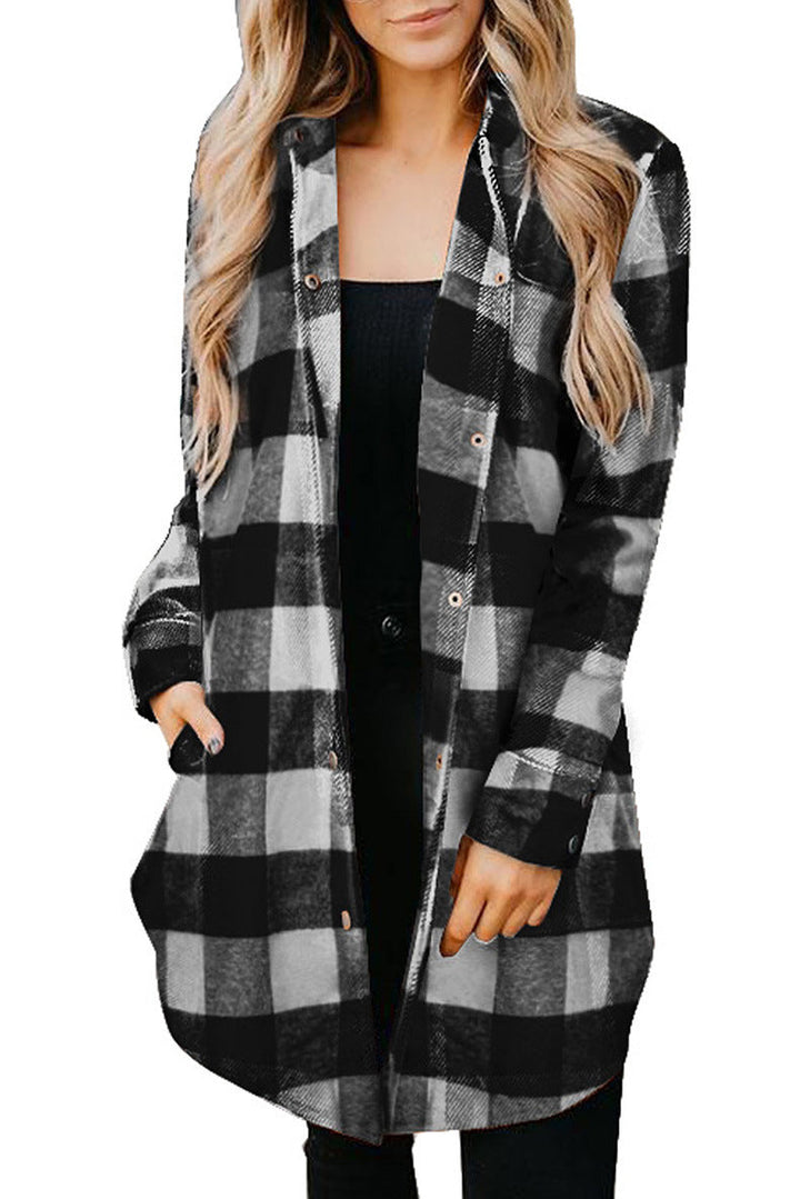 Damen lässige Longbluse im Karo-Design mit Knopfleiste Echoarchiv