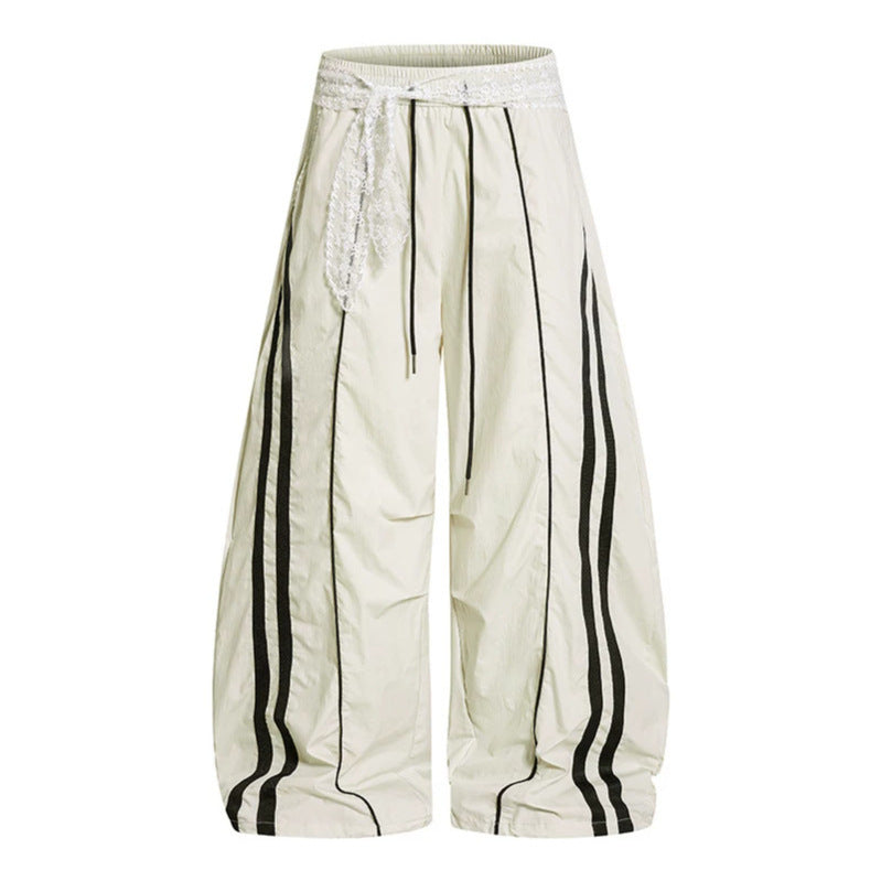 Damen Weite Palazzo-Loungehose mit elastischem Komfortbund, Kontraststreifen und Spitzenschnur Echoarchiv