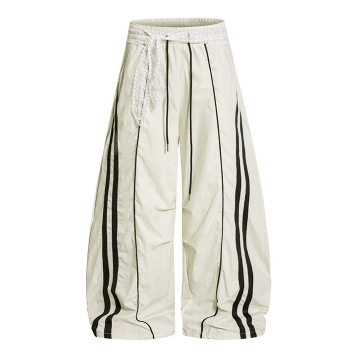 Damen Weite Palazzo-Loungehose mit elastischem Komfortbund, Kontraststreifen und Spitzenschnur Echoarchiv