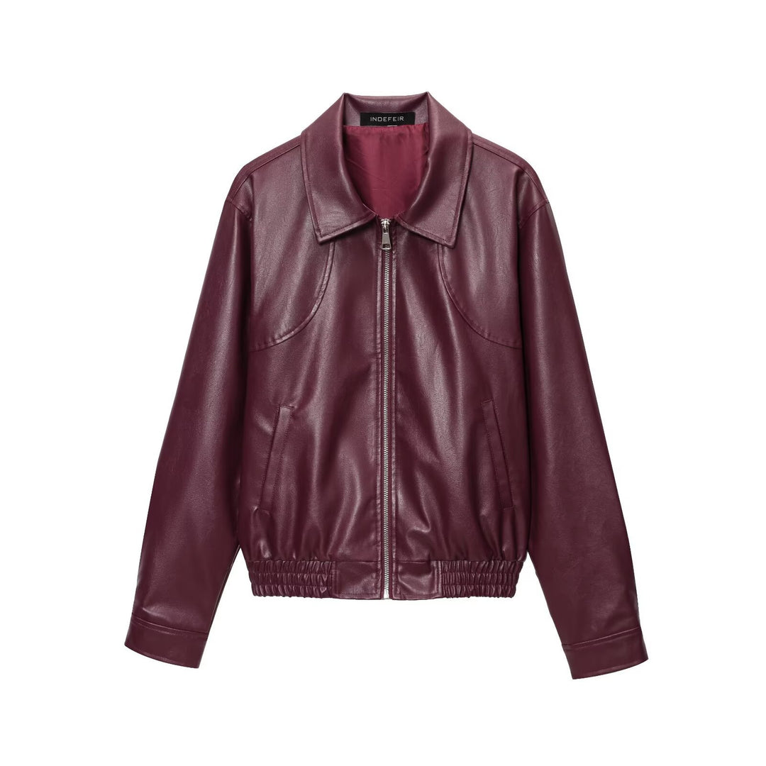 Damen nan klassische Harrington-Kunstlederjacke mit Hemdkragen, durchgehendem Reißverschluss und elastischem Saum Echo Archiv