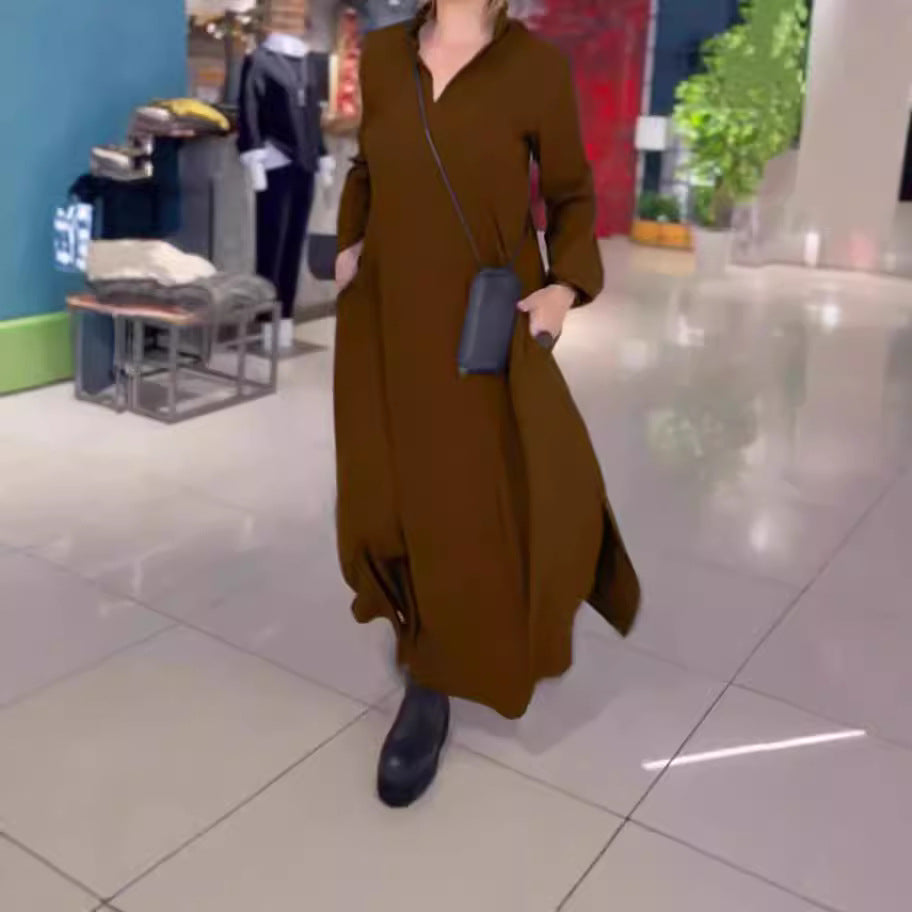 Damen nan fließendes Maxikleid mit V-Ausschnitt, kastiger A-Linie und langen Ärmeln Echo Archiv