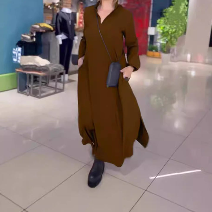 Damen nan fließendes Maxikleid mit V-Ausschnitt, kastiger A-Linie und langen Ärmeln Echo Archiv