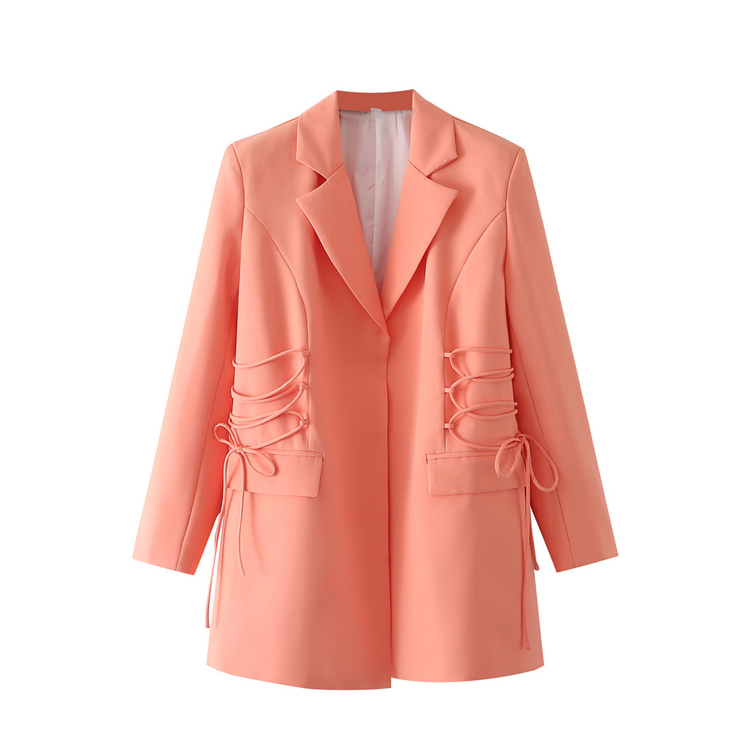 Damen taillierter Longblazer mit seitlicher Schnürung und Pattentaschen – Célinea