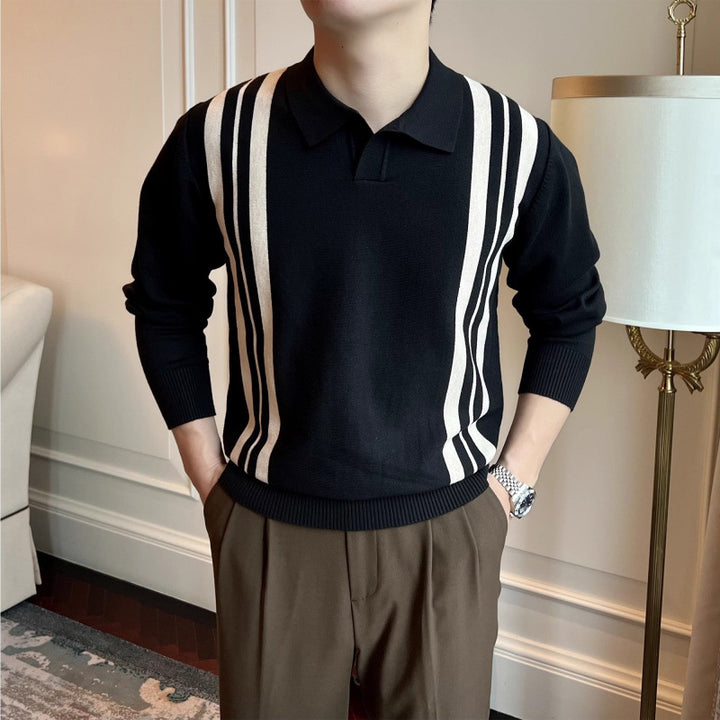 Herren Polokragen-Strickpullover mit markanten Längsstreifen und schmaler Passform Echoarchiv