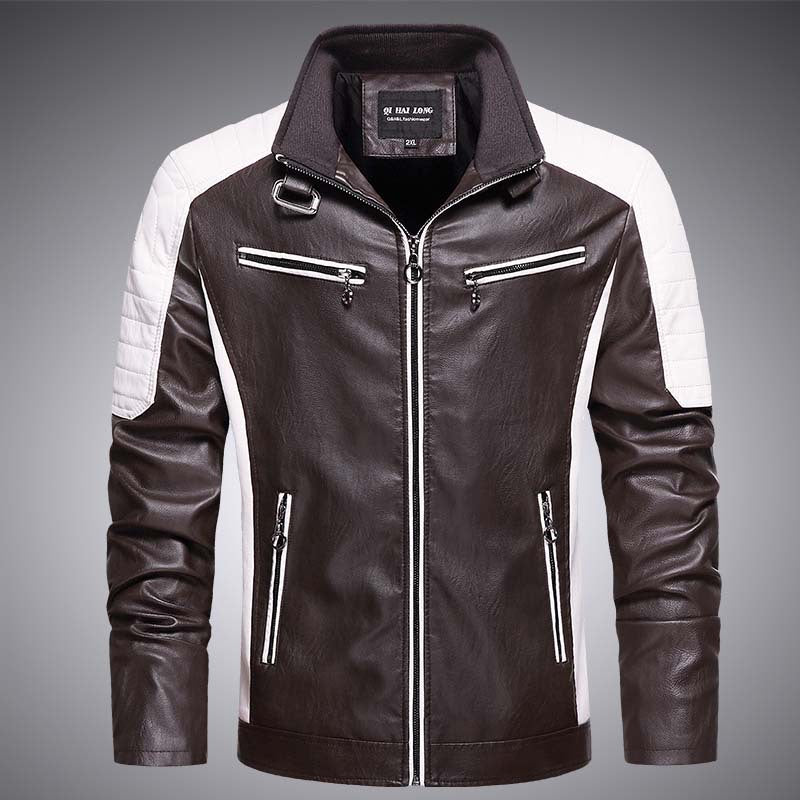 Herren Biker-Lederimitatjacke im Racing-Stil mit Stehkragen und Reißverschlusstaschen Echoarchiv