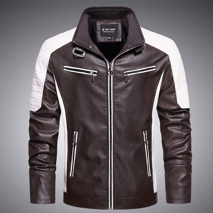 Herren Biker-Lederimitatjacke im Racing-Stil mit Stehkragen und Reißverschlusstaschen Echoarchiv