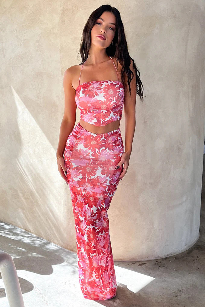 Damen Elegantes Crop-Top und Maxirock-Set mit floralem Design Echo Archiv
