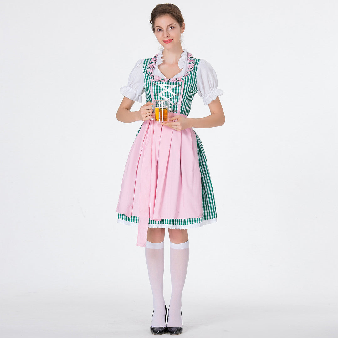 Damen nan karierter Dirndlkleid mit geraffter Schürze und geschnürter Miederfront Echo Archiv