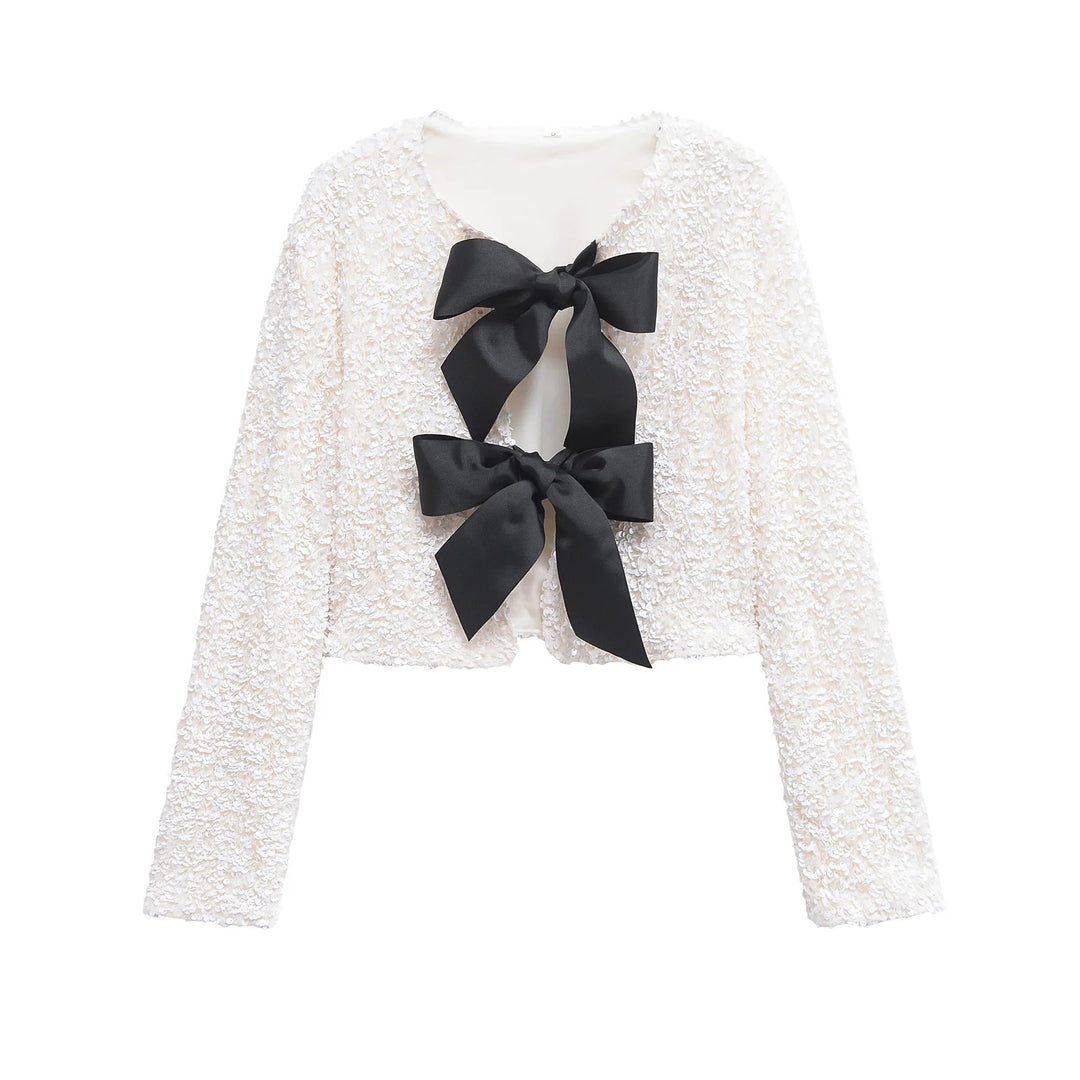 Damen Pailletten-Bolerojacke mit doppelschleifen-Verschluss, gefütterter Innenlage und tailliertem Cropped-Schnitt – Célinea