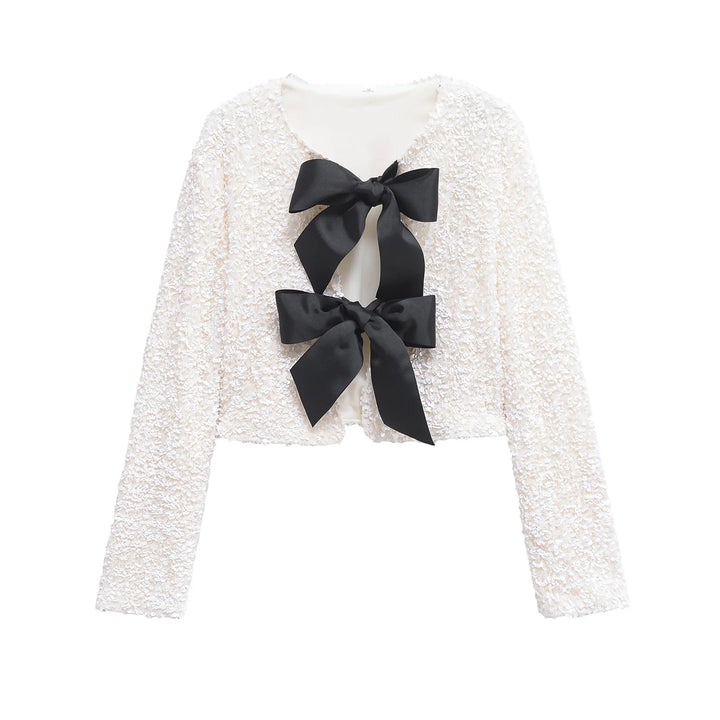 Damen Pailletten-Bolerojacke mit doppelschleifen-Verschluss, gefütterter Innenlage und tailliertem Cropped-Schnitt – Célinea