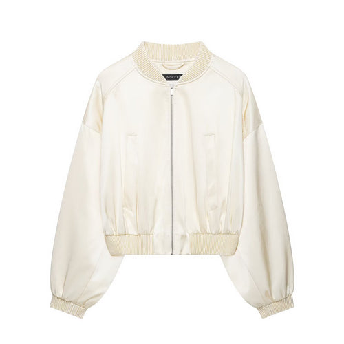 Damen Kurzer Satin-Bomber mit Oversize-Ballonärmeln und Rippkragen Echo Archiv