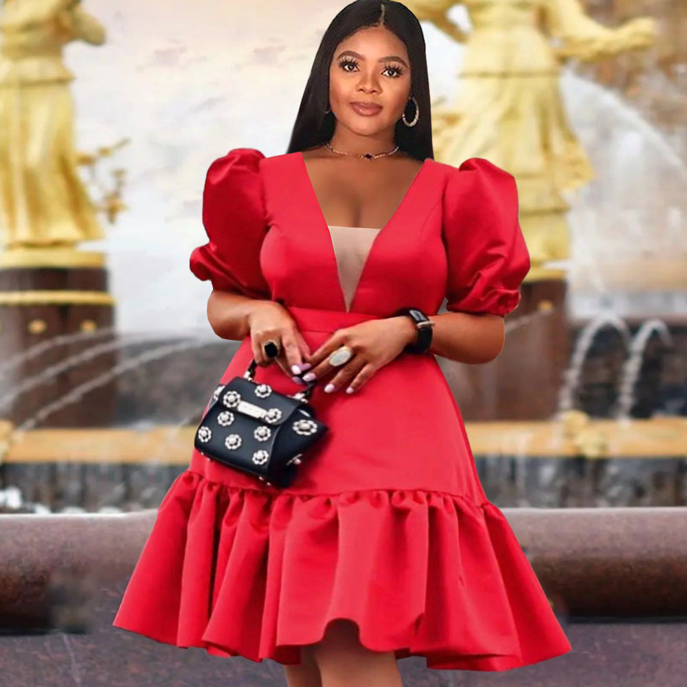 Damen elegantes Wickelkleid mit voluminösen Puffärmeln und Rüschensaum Echo Archiv