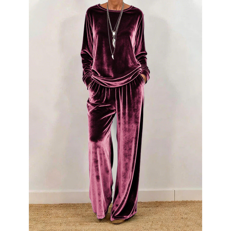 Damen Samt-Loungewear-Set mit weitem Bein, elastischem Bund und Rundhalsausschnitt – Élanora
