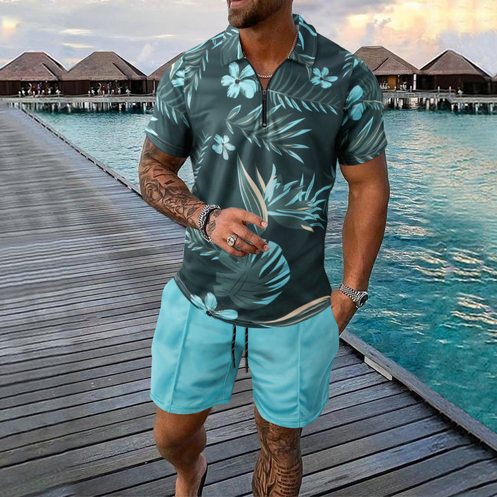 Herren modisches Kurzarm-Hemd mit Zipper und floralen Mustern Echoarchiv