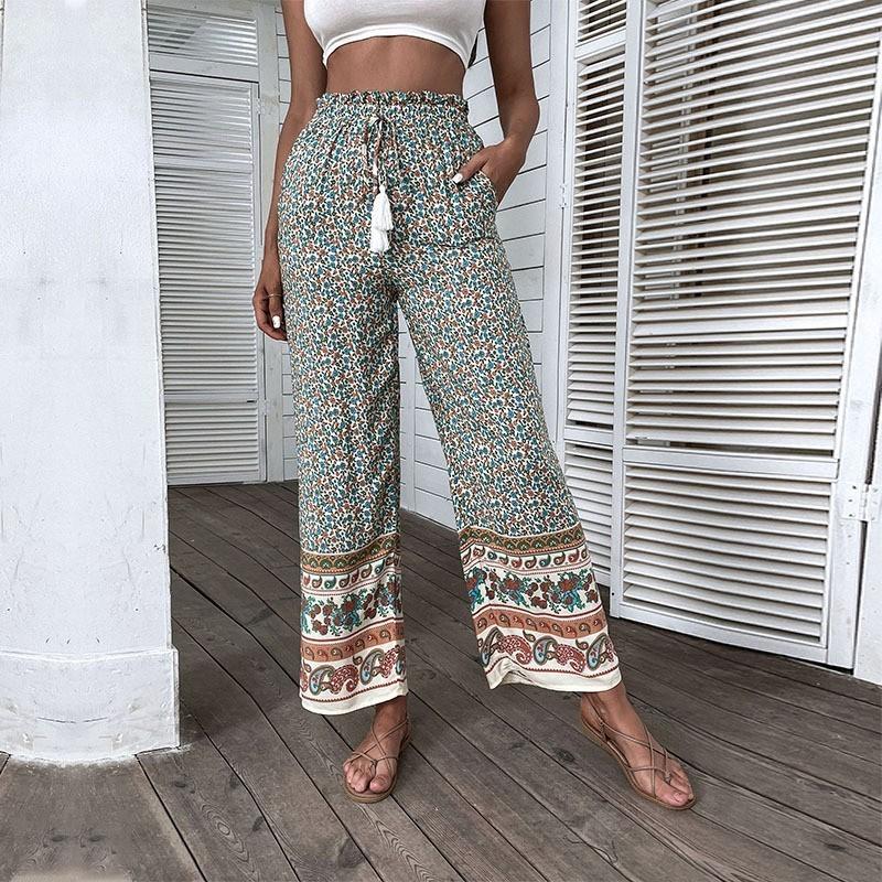 Damen Leichte Boho-Hose mit weitem Bein, elastischem Bund, Quasten-Kordel und Bordürendruck – Avélisse