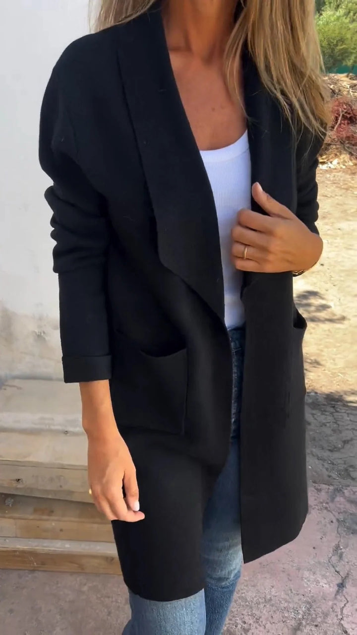Damen Offener Longcardigan-Mantel mit Schalkragen und Eingrifftaschen – Veloura