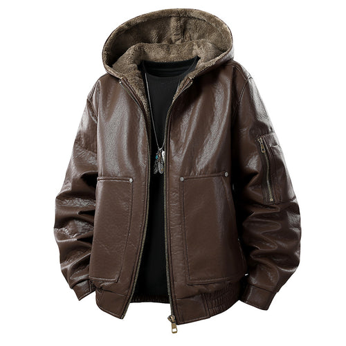 Herren gefütterte Lederoptik-Bomberjacke mit Kapuze und Teddyinnenfutter Echo Archiv