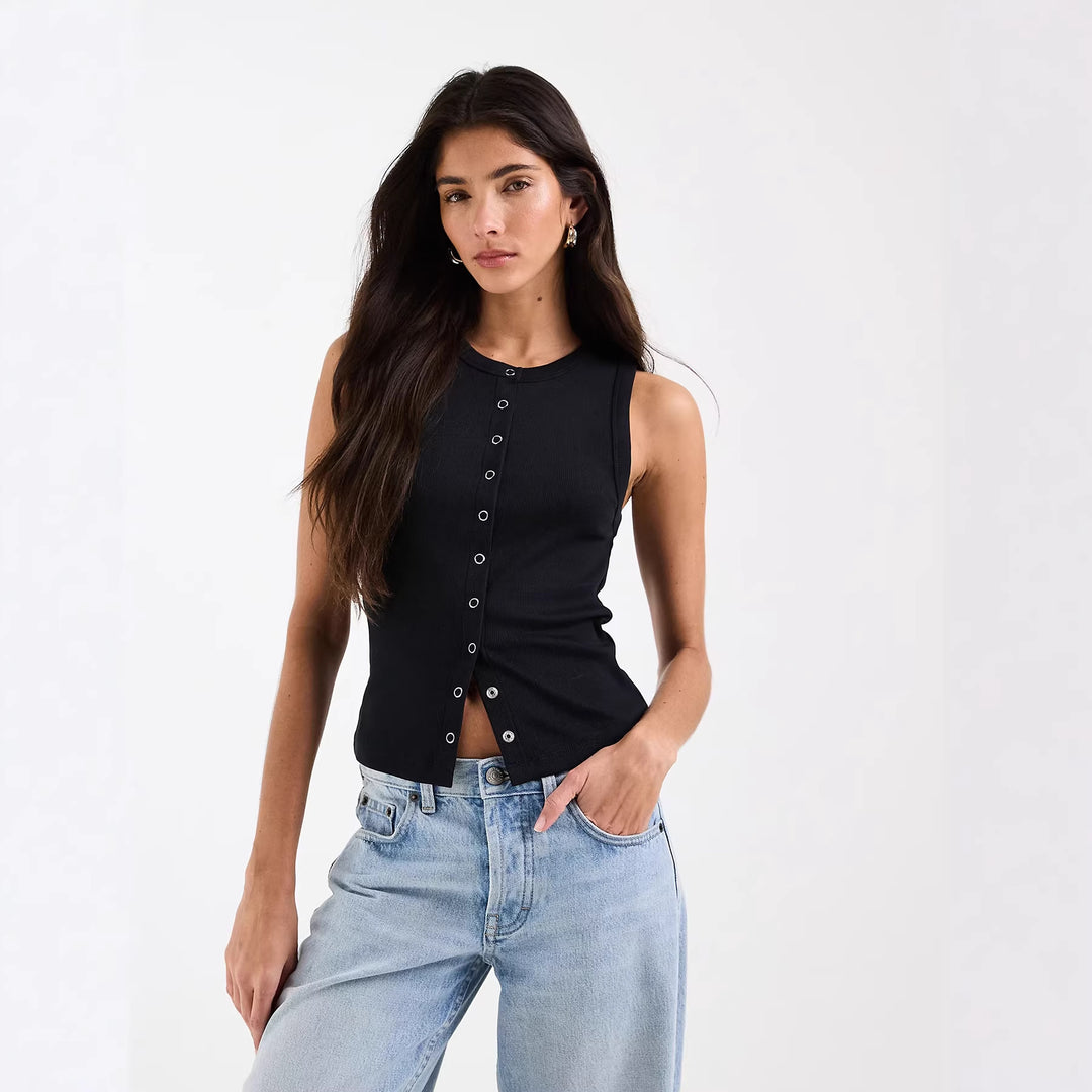 Damen Ärmelloses Rippenshirt mit durchgehender Knopfleiste Echo Archiv